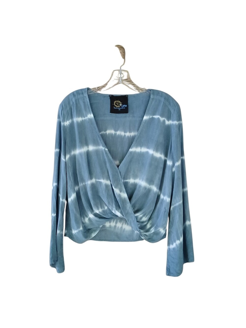 Blue Life Blue Tie Dye Look Faux Wrap Cropped Rayon Blouse Size XS
